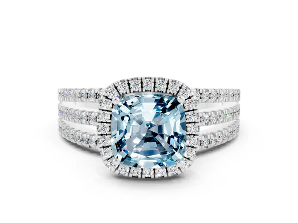 Platinum Cushion Cut Aquamarine Halo Engagement Ring with Split Shank and Four-Prong Setting