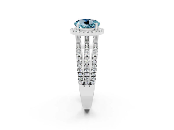 Silver Round Cut Aquamarine Halo Engagement Ring with Split Shank and Four-Prong Setting