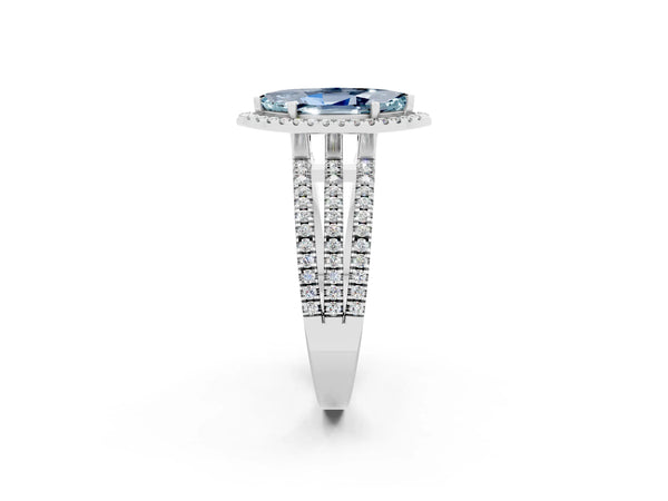 Platinum Marquise Cut Aquamarine Halo Engagement Ring with Split Shank and Four-Prong Setting