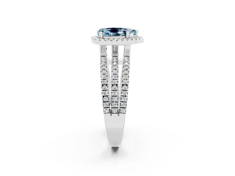 White gold {shape_name} Aquamarine Halo Engagement Ring with Split Shank and Four-Prong Setting_2