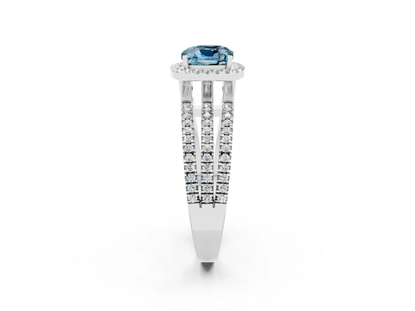 Silver Cushion Cut Aquamarine Halo Engagement Ring with Split Shank and Four-Prong Setting