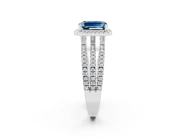 Silver Emerald Cut Aquamarine Halo Engagement Ring with Split Shank and Four-Prong Setting