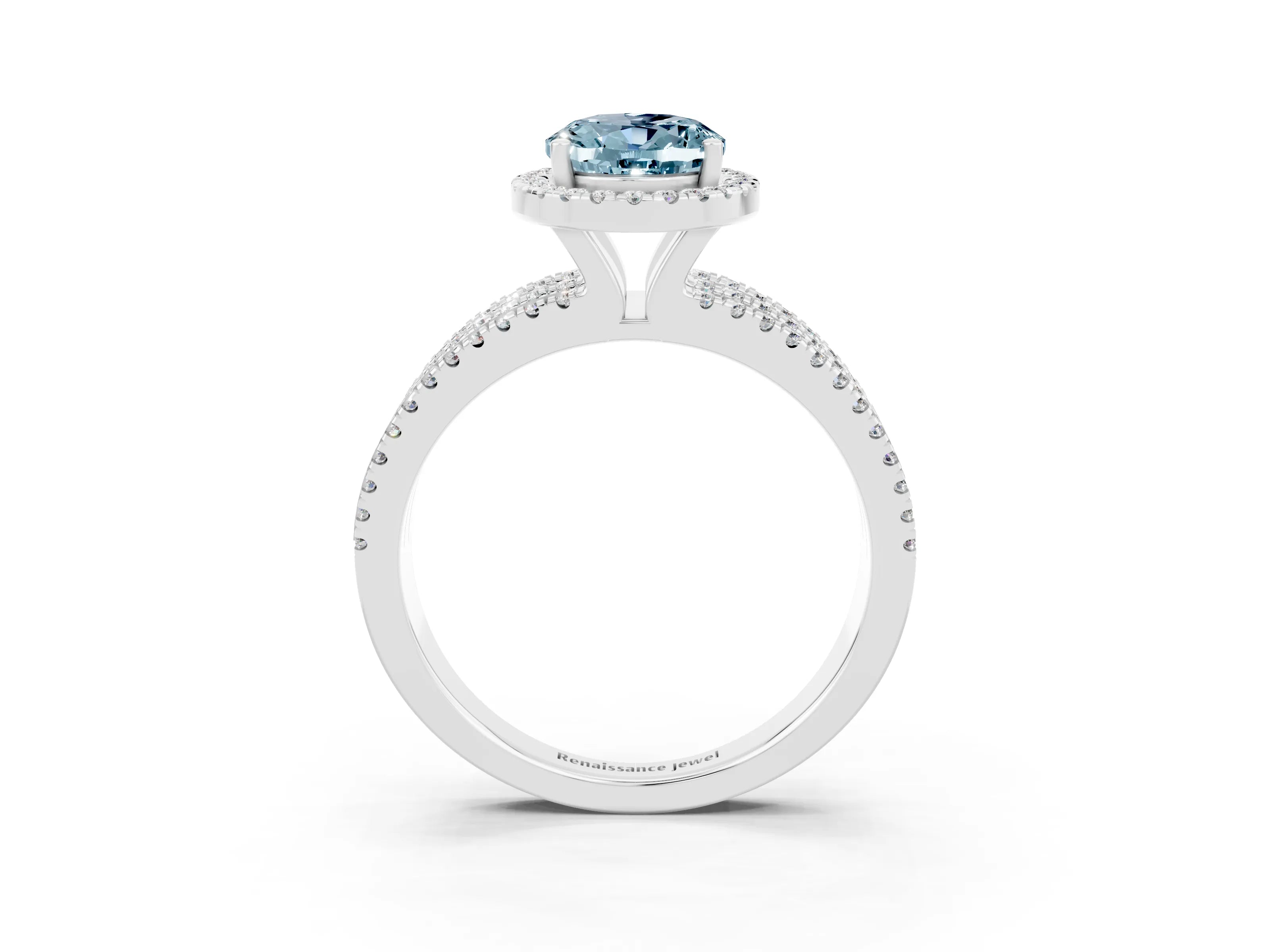 White gold {shape_name} Aquamarine Halo Engagement Ring with Split Shank and Four-Prong Setting_3
