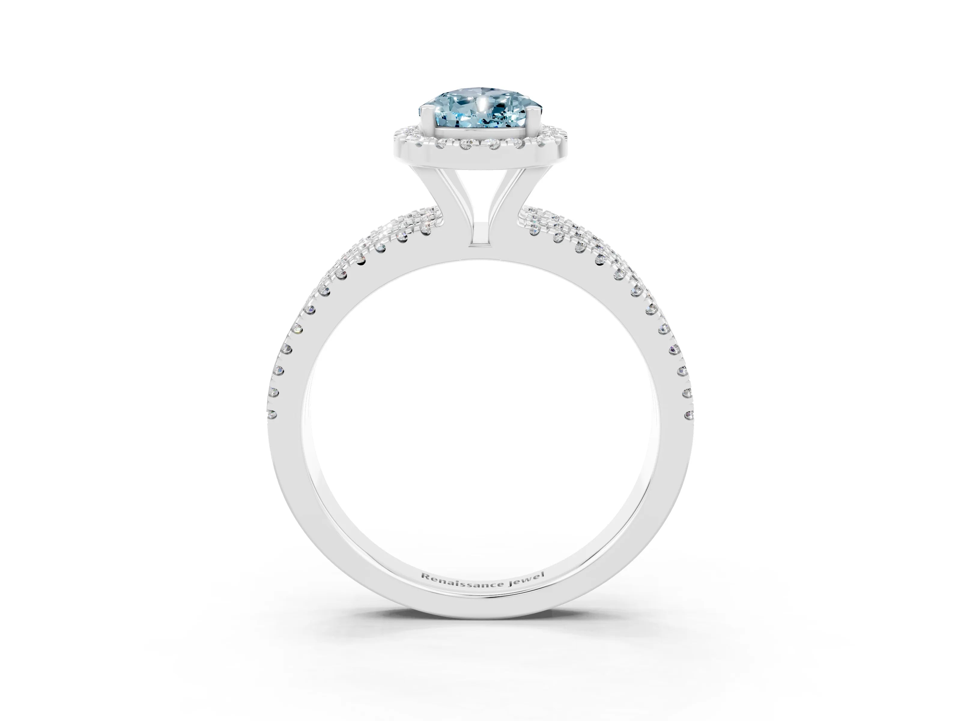 White gold {shape_name} Aquamarine Halo Engagement Ring with Split Shank and Four-Prong Setting_3