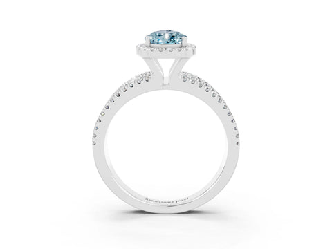 White gold {shape_name} Aquamarine Halo Engagement Ring with Split Shank and Four-Prong Setting_3