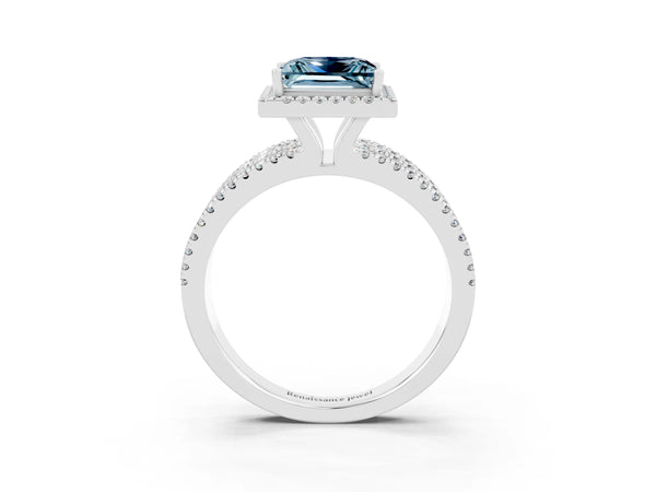 Silver Princess Cut Aquamarine Halo Engagement Ring with Split Shank and Four-Prong Setting