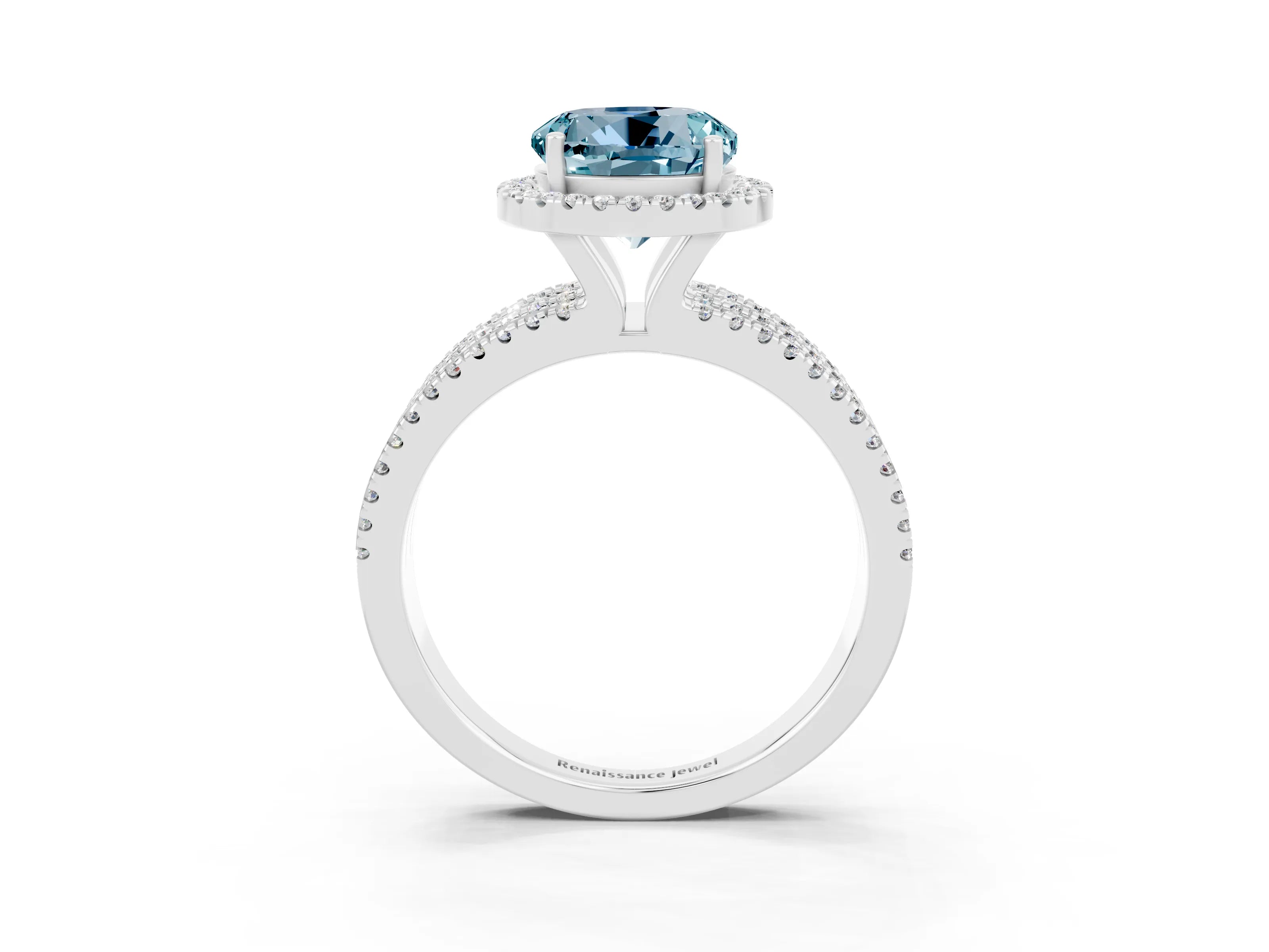White gold {shape_name} Aquamarine Halo Engagement Ring with Split Shank and Four-Prong Setting_3