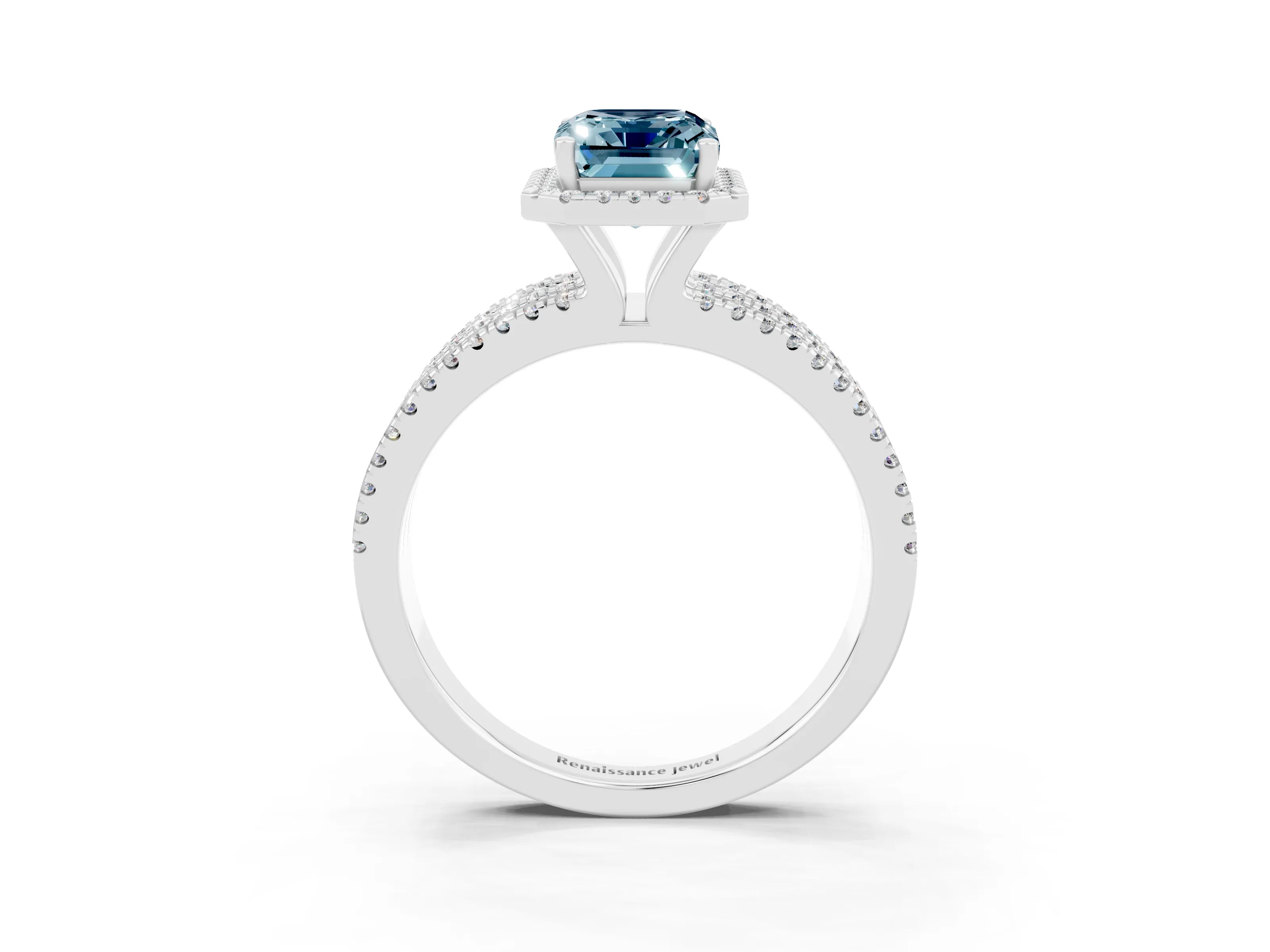 White gold {shape_name} Aquamarine Halo Engagement Ring with Split Shank and Four-Prong Setting_3