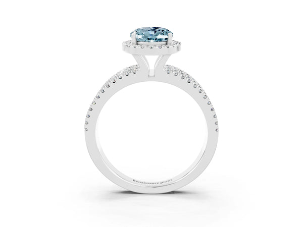 Silver Oval Cut Aquamarine Halo Engagement Ring with Split Shank and Four-Prong Setting
