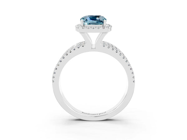 Silver Cushion Cut Aquamarine Halo Engagement Ring with Split Shank and Four-Prong Setting