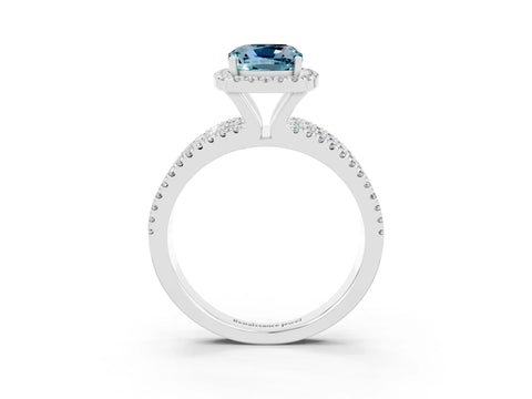 White gold {shape_name} Aquamarine Halo Engagement Ring with Split Shank and Four-Prong Setting_3