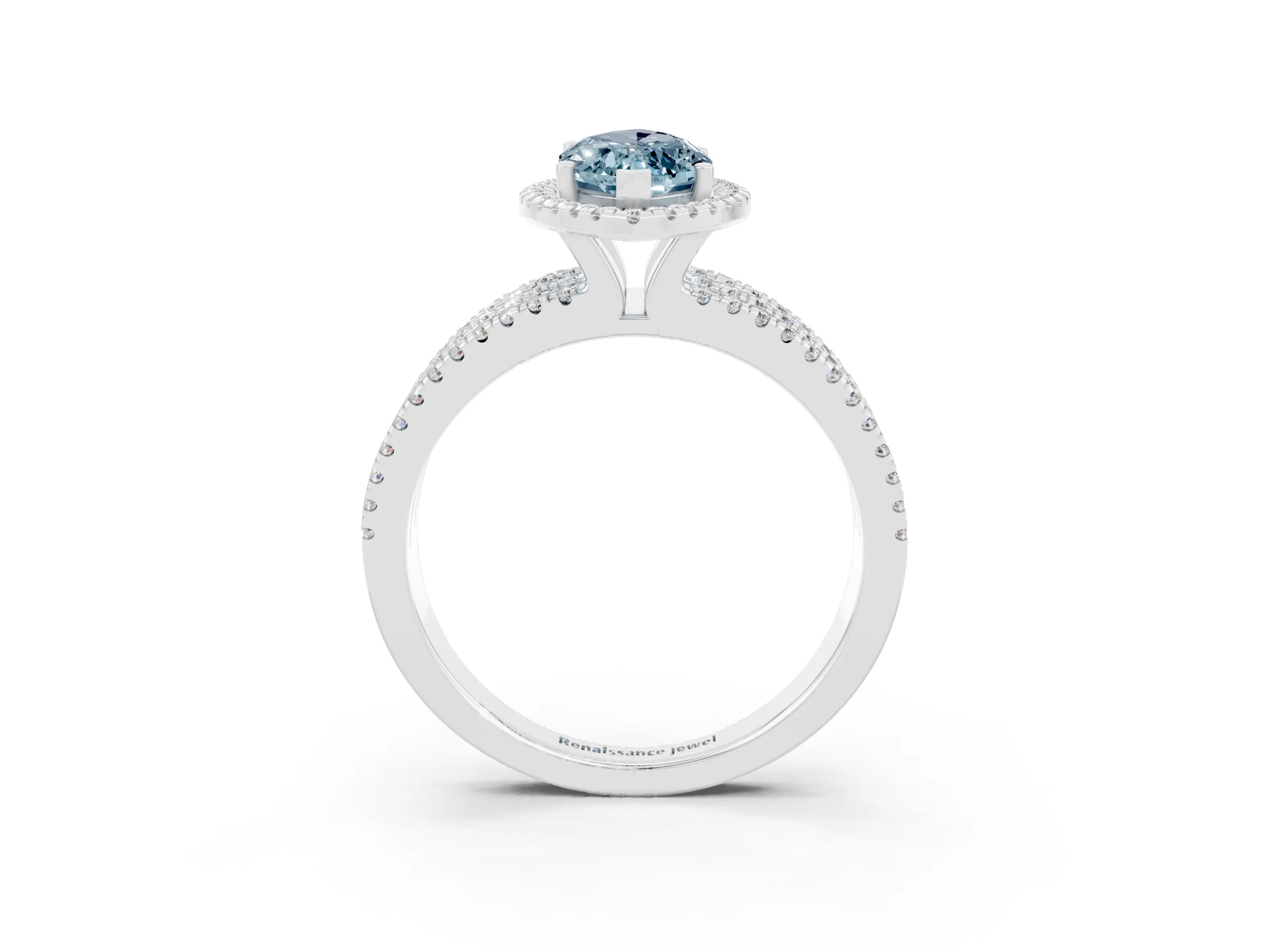 White gold {shape_name} Aquamarine Halo Engagement Ring with Split Shank and Four-Prong Setting_3