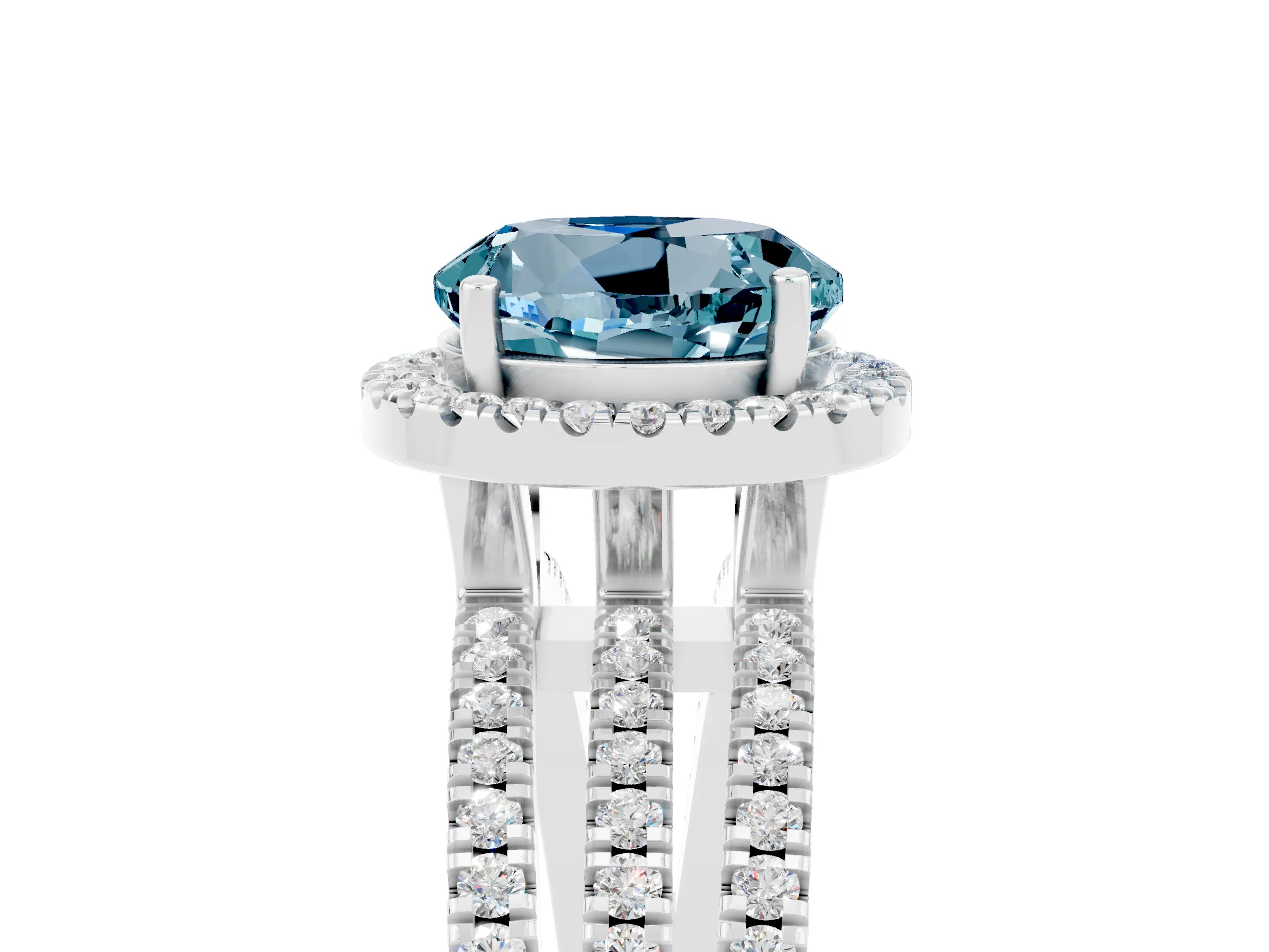 White gold {shape_name} Aquamarine Halo Engagement Ring with Split Shank and Four-Prong Setting_5