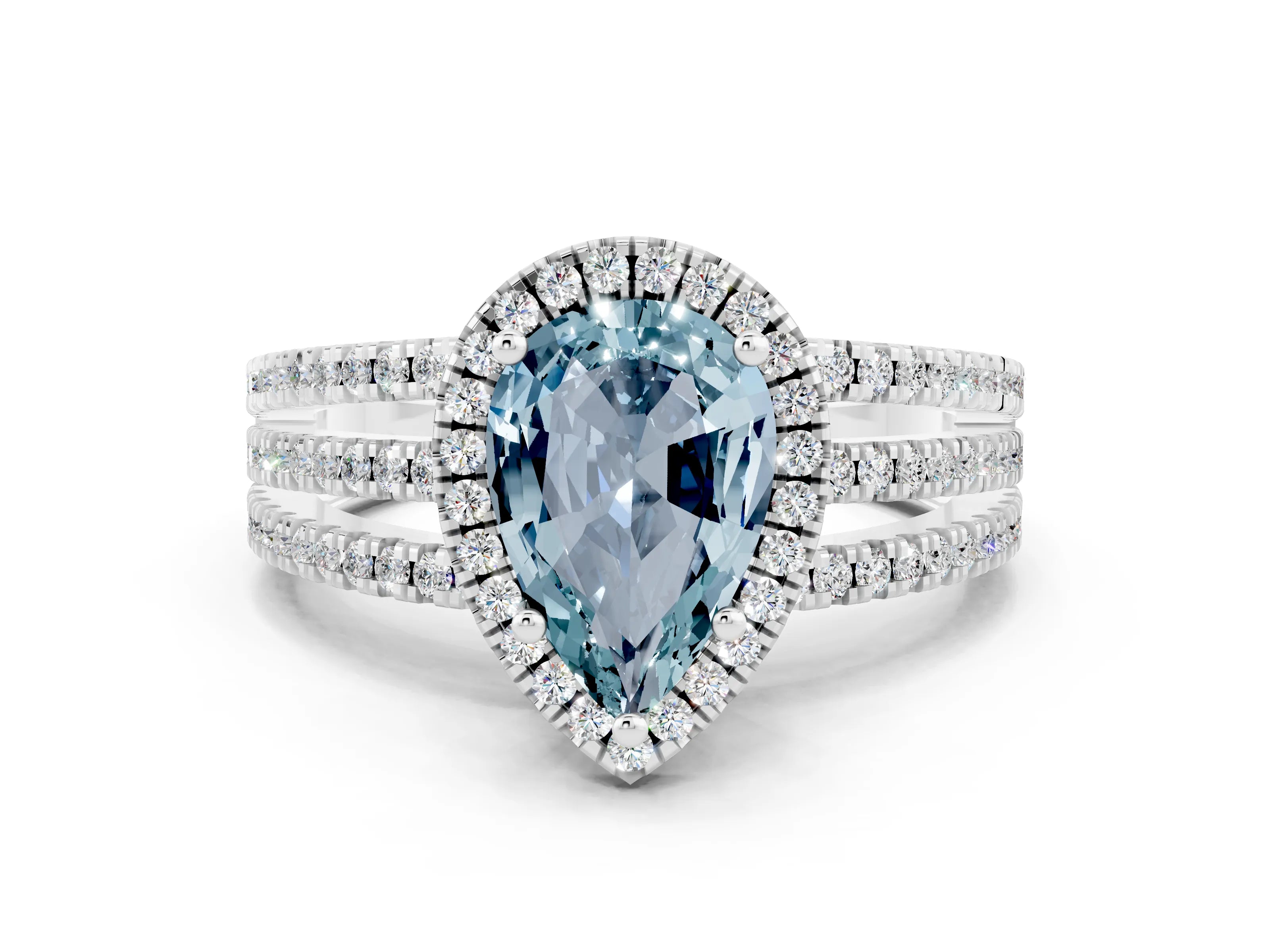 White gold {shape_name} Aquamarine Halo Engagement Ring with Split Shank and Four-Prong Setting
