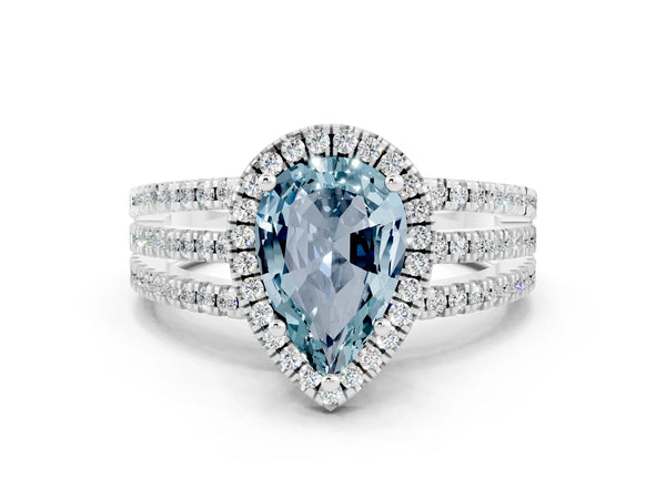 Platinum Pear Cut Aquamarine Halo Engagement Ring with Split Shank and Four-Prong Setting