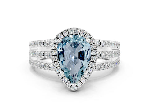 White gold {shape_name} Aquamarine Halo Engagement Ring with Split Shank and Four-Prong Setting