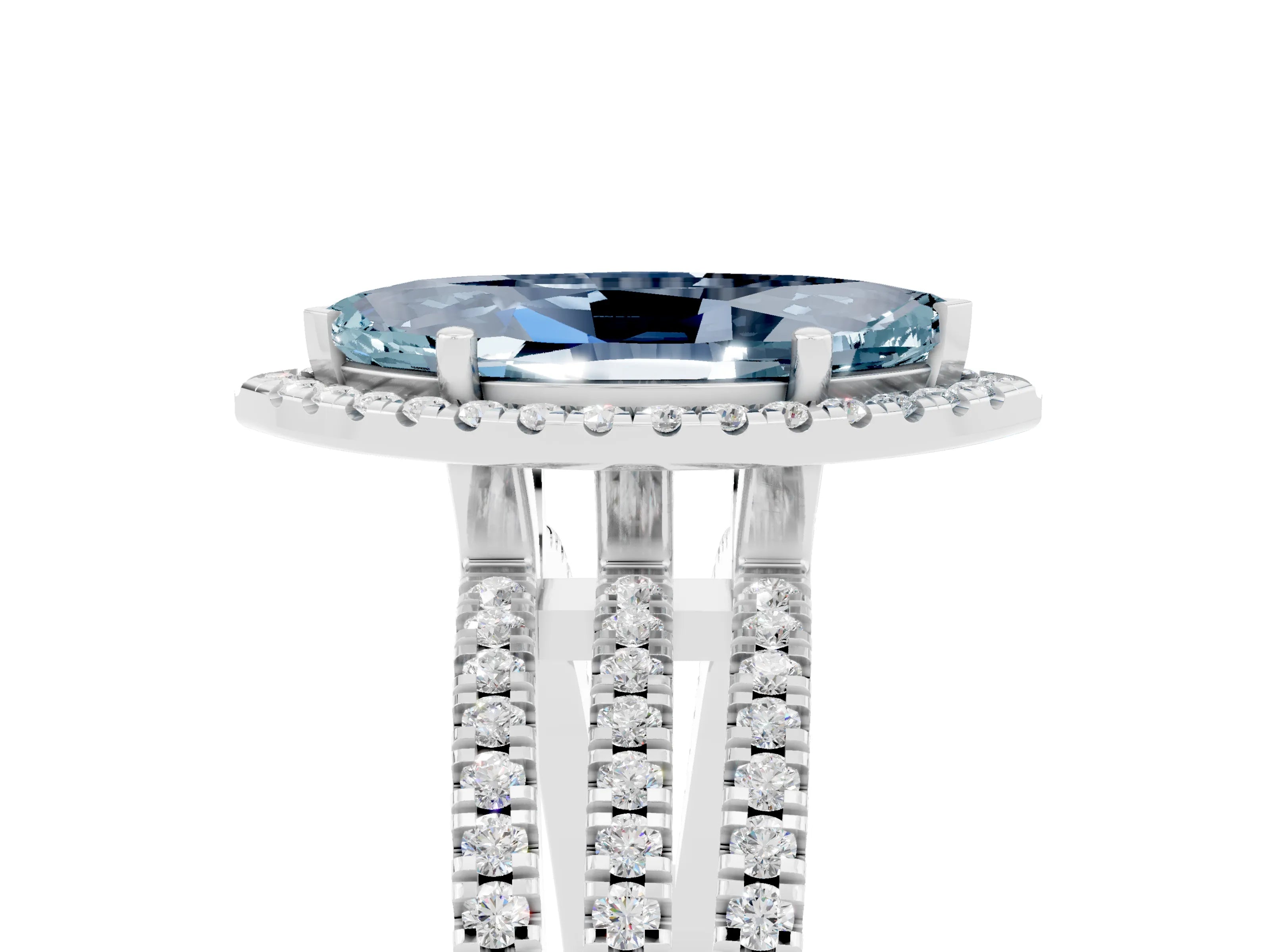 White gold {shape_name} Aquamarine Halo Engagement Ring with Split Shank and Four-Prong Setting_5