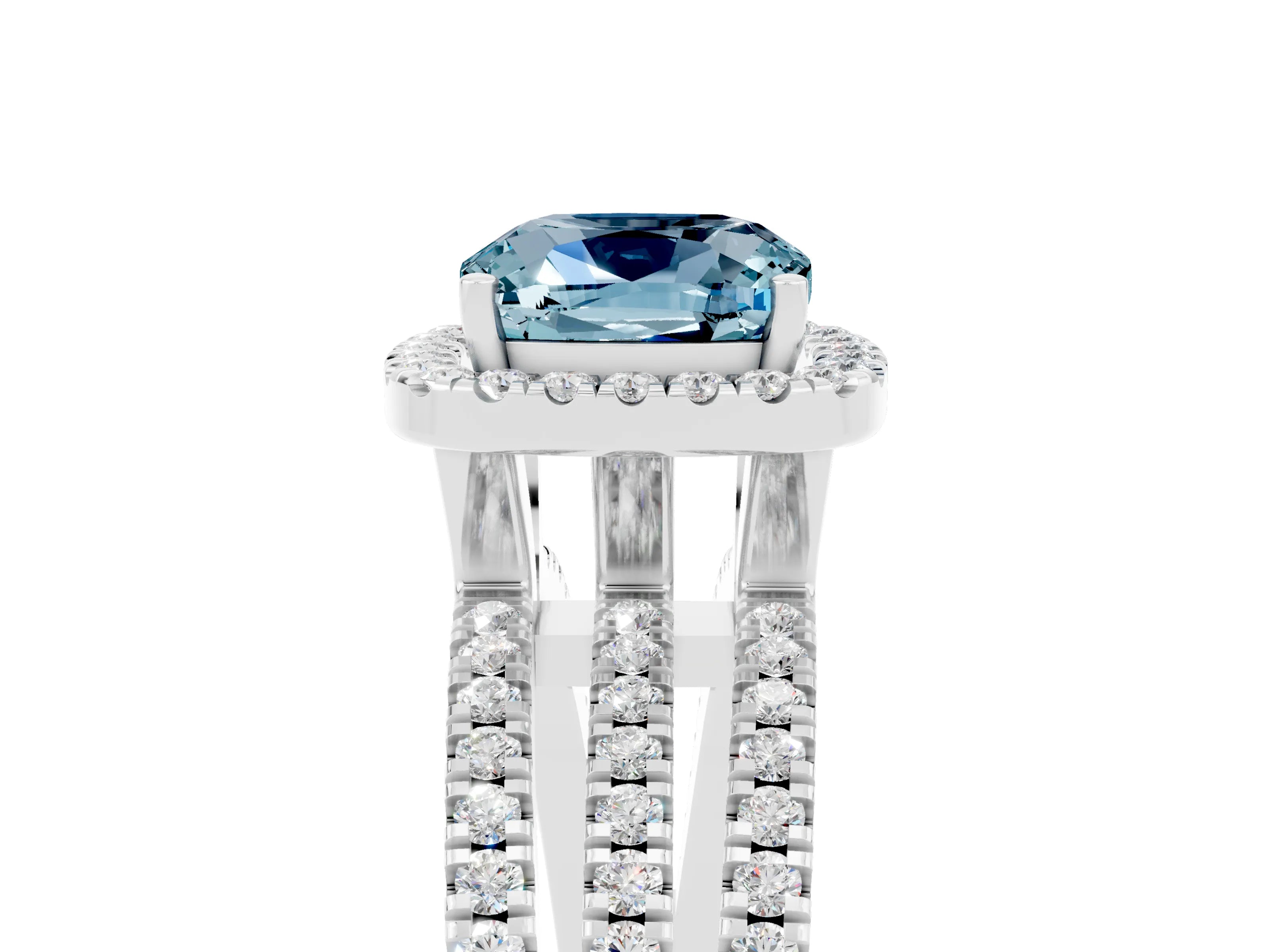 White gold {shape_name} Aquamarine Halo Engagement Ring with Split Shank and Four-Prong Setting_5