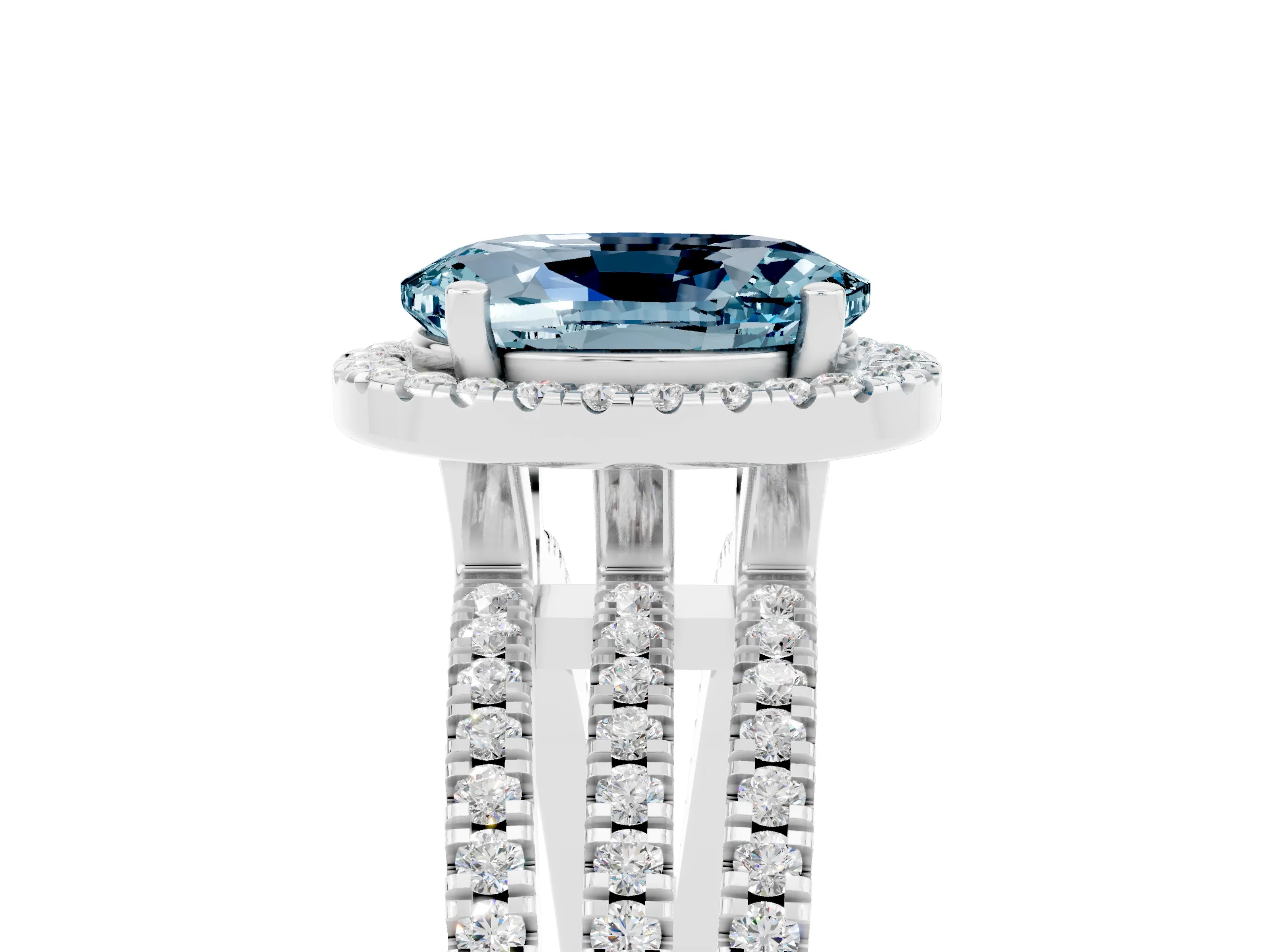 White gold {shape_name} Aquamarine Halo Engagement Ring with Split Shank and Four-Prong Setting_5