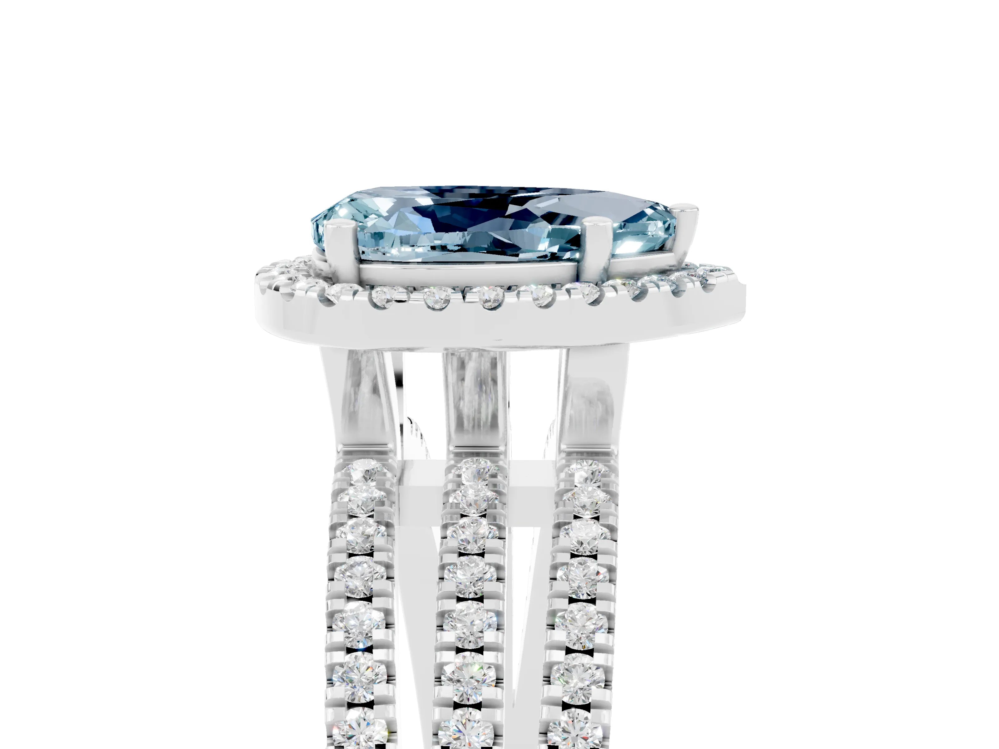White gold {shape_name} Aquamarine Halo Engagement Ring with Split Shank and Four-Prong Setting_5