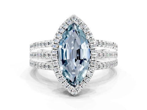 White gold {shape_name} Aquamarine Halo Engagement Ring with Split Shank and Four-Prong Setting