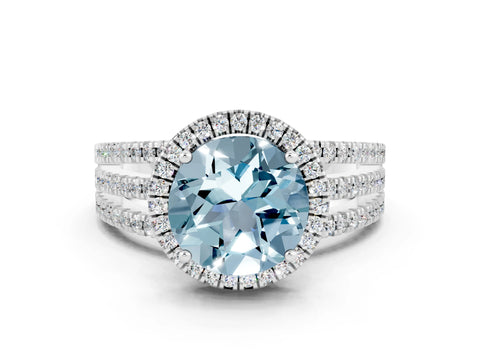 White gold {shape_name} Aquamarine Halo Engagement Ring with Split Shank and Four-Prong Setting