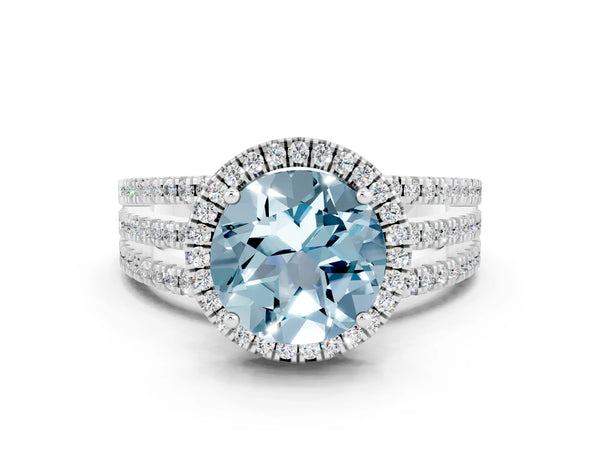 Silver Round Cut Aquamarine Halo Engagement Ring with Split Shank and Four-Prong Setting