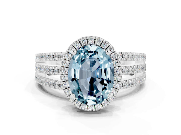 Silver Oval Cut Aquamarine Halo Engagement Ring with Split Shank and Four-Prong Setting
