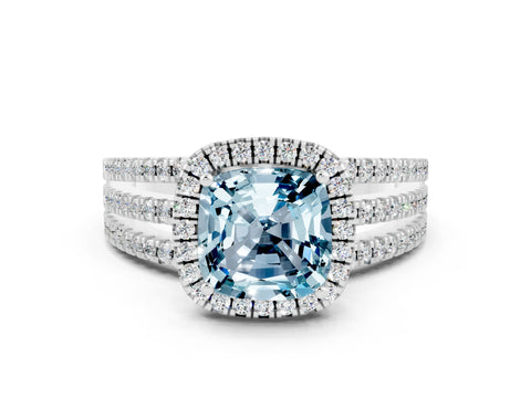 White gold {shape_name} Aquamarine Halo Engagement Ring with Split Shank and Four-Prong Setting