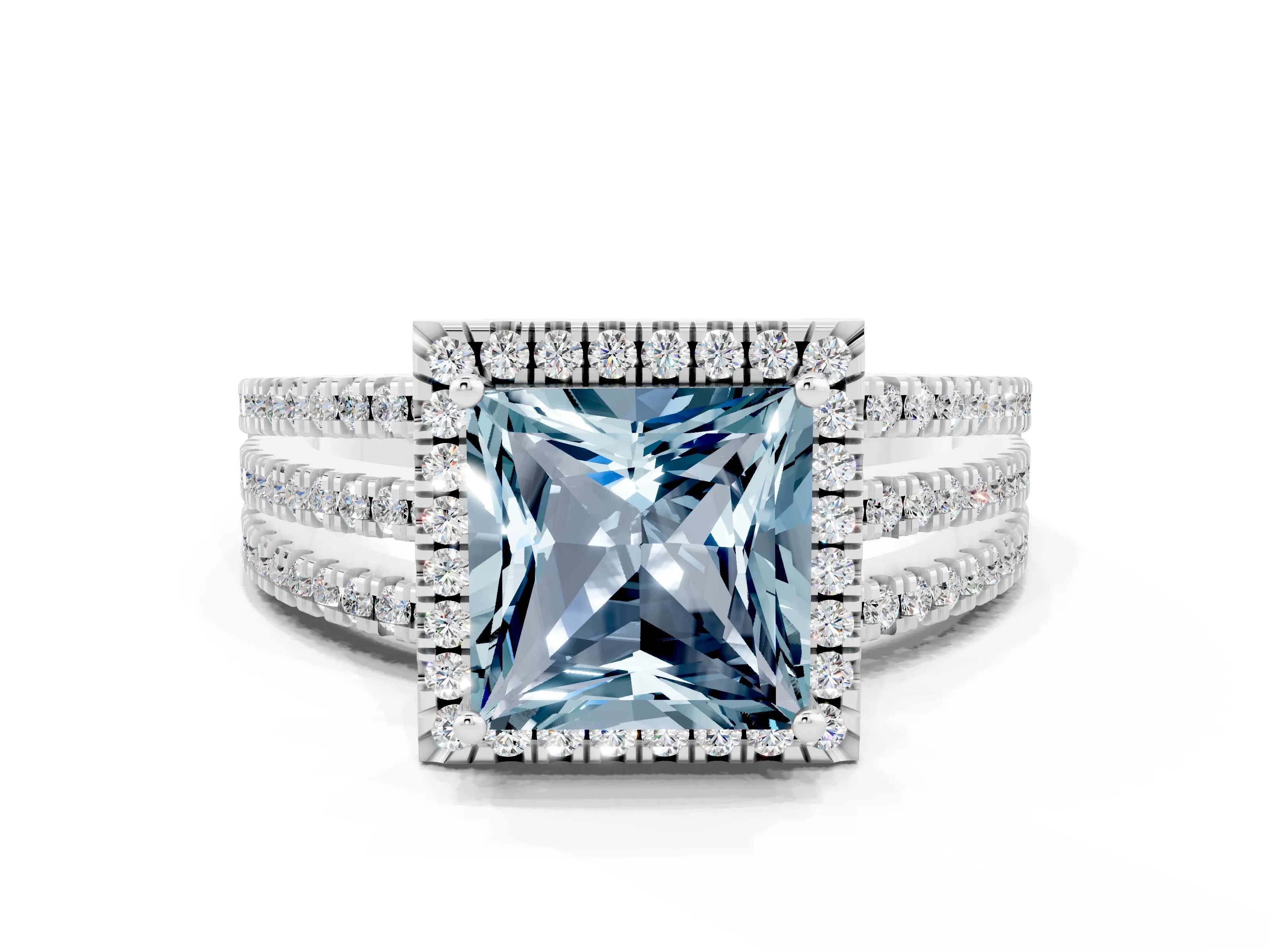 White gold {shape_name} Aquamarine Halo Engagement Ring with Split Shank and Four-Prong Setting