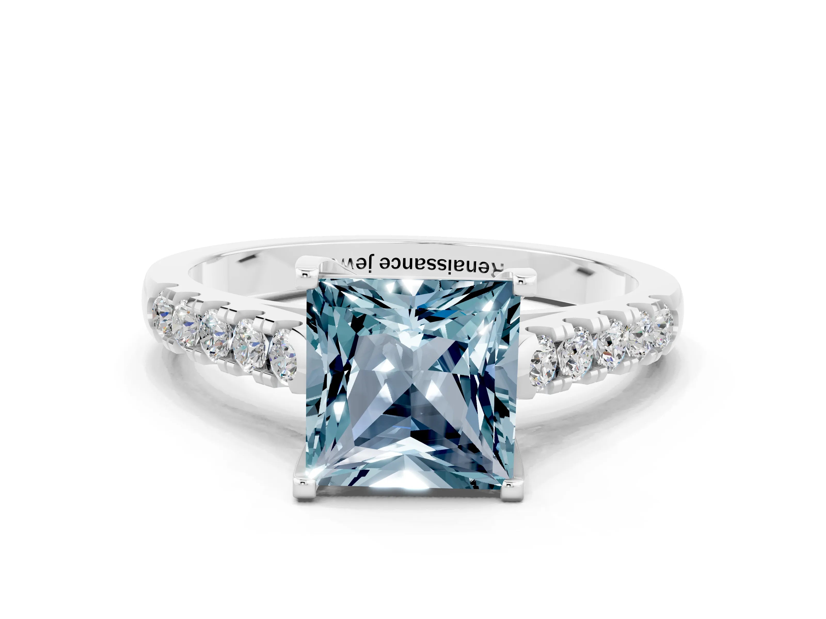 White gold {shape_name} Aquamarine Solitaire Ring with Pavé Band and Four-Prong Setting