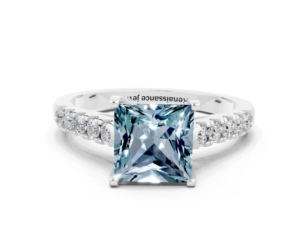 Platinum Princess Cut Aquamarine Pavé Band Solitaire Ring with Prong Setting