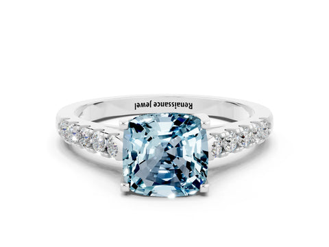 White gold {shape_name} Aquamarine Solitaire Ring with Pavé Band and Four-Prong Setting