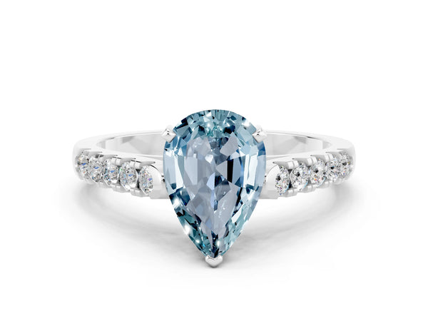 Silver Pear Cut Aquamarine Pavé Band Solitaire Ring with Prong Setting