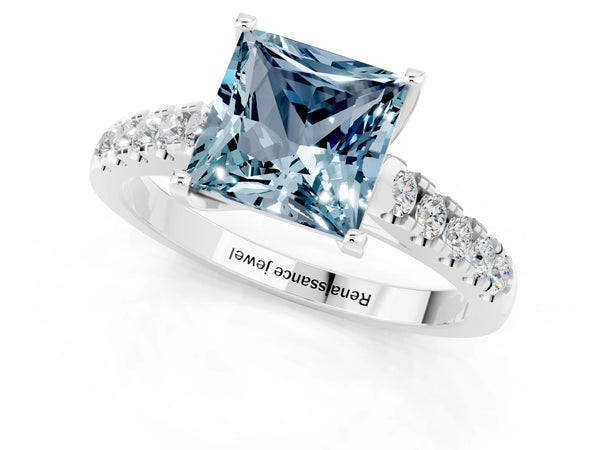 Platinum Princess Cut Aquamarine Pavé Band Solitaire Ring with Prong Setting