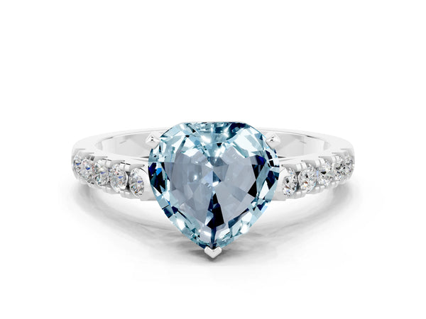 White gold Heart Cut Aquamarine Pavé Band Solitaire Ring with Prong Setting