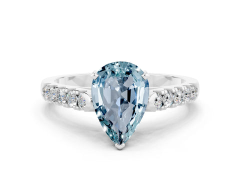 White gold {shape_name} Aquamarine Solitaire Ring with Pavé Band and Four-Prong Setting_12