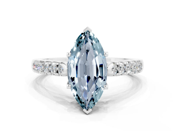 White gold Marquise Cut Aquamarine Pavé Band Solitaire Ring with Prong Setting