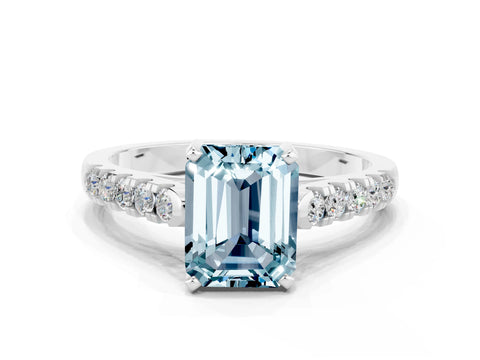 White gold {shape_name} Aquamarine Solitaire Ring with Pavé Band and Four-Prong Setting_12