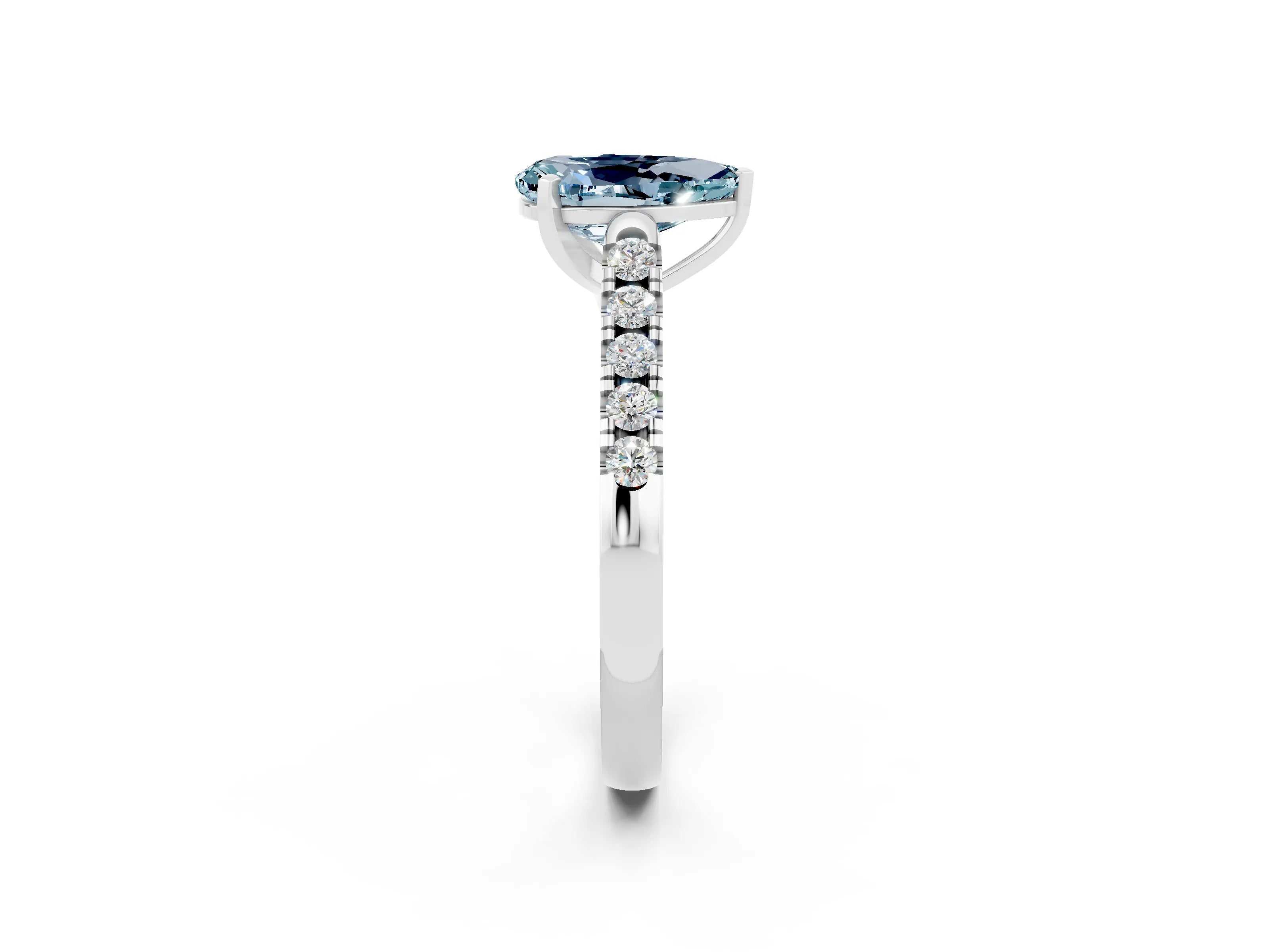 White gold {shape_name} Aquamarine Solitaire Ring with Pavé Band and Four-Prong Setting_14