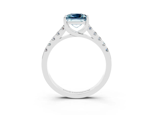 White gold Princess Cut Aquamarine Pavé Band Solitaire Ring with Prong Setting
