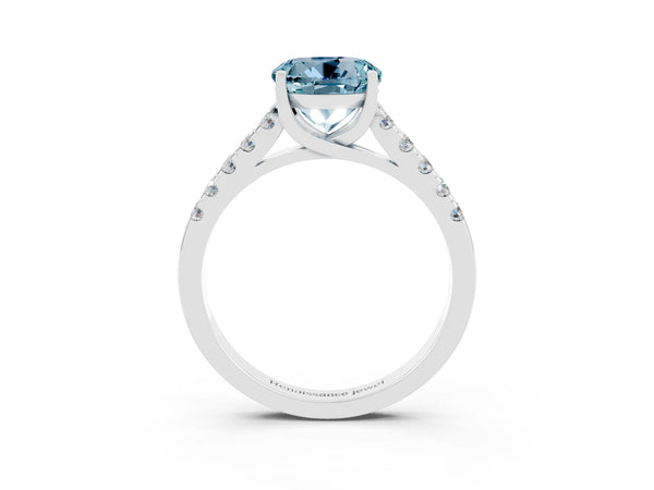 White gold Round Cut Aquamarine Pavé Band Solitaire Ring with Prong Setting