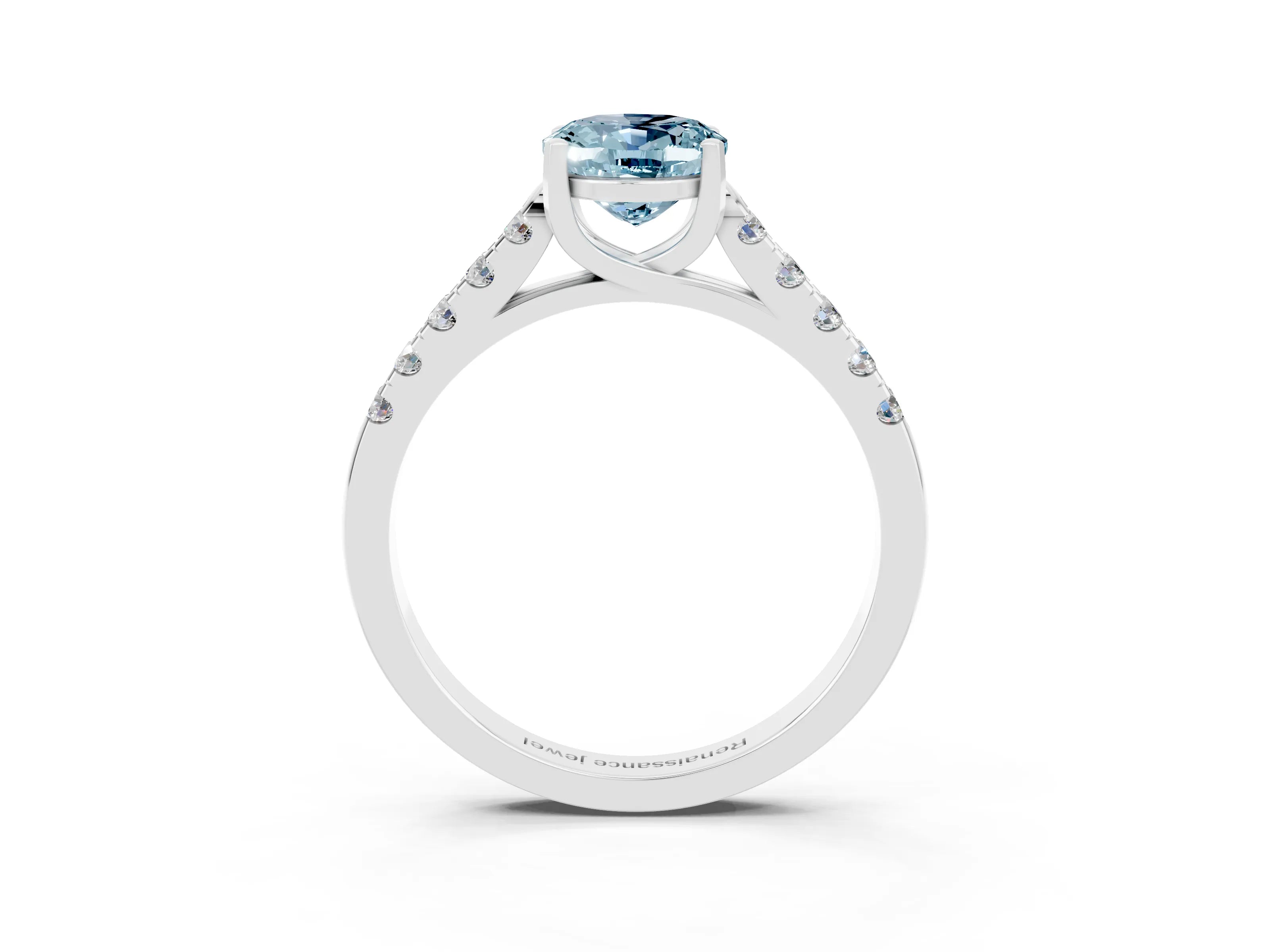 White gold {shape_name} Aquamarine Solitaire Ring with Pavé Band and Four-Prong Setting_15