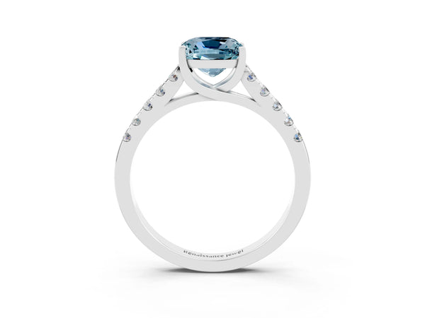 White gold Cushion Cut Aquamarine Pavé Band Solitaire Ring with Prong Setting