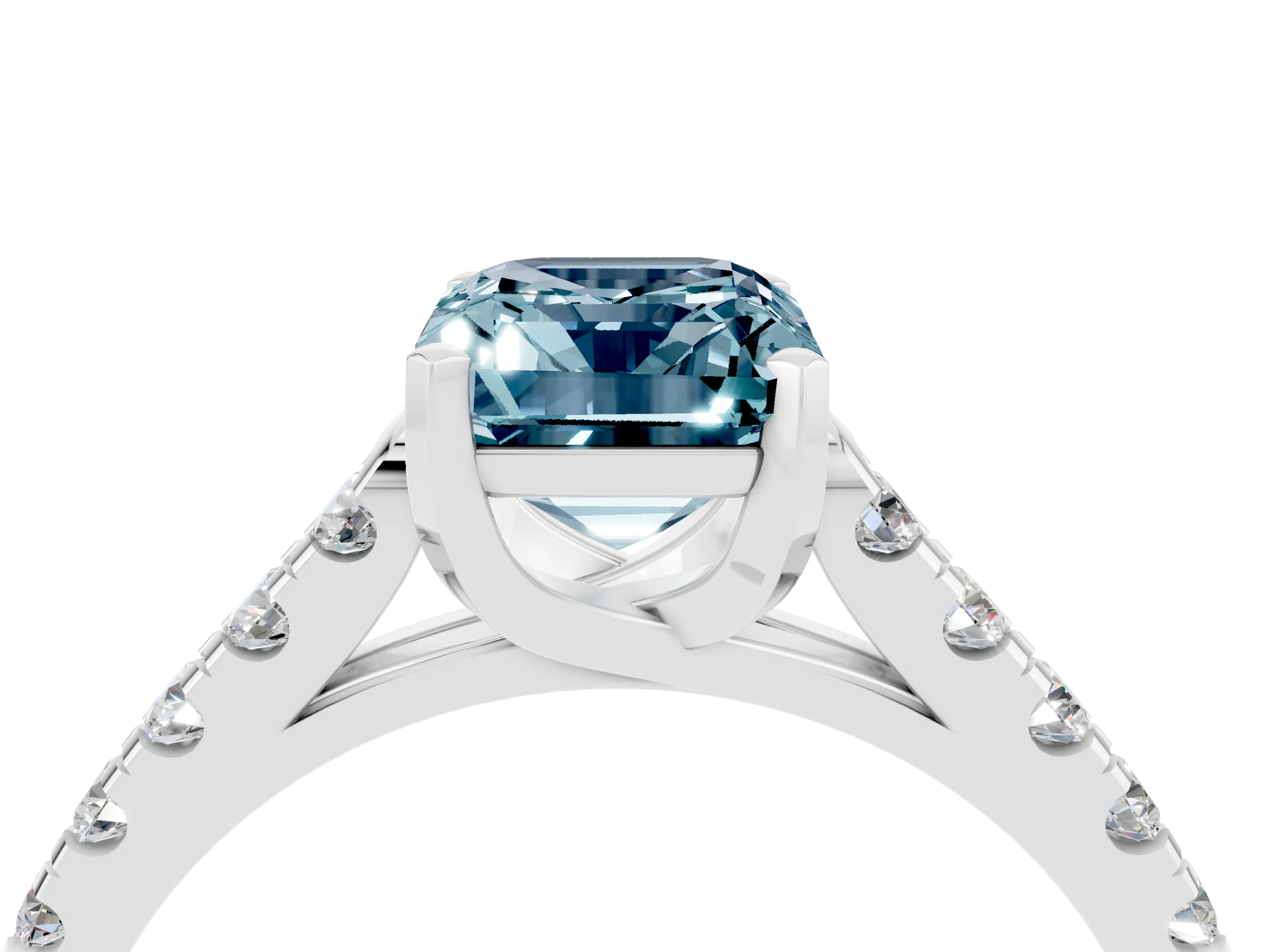 White gold {shape_name} Aquamarine Solitaire Ring with Pavé Band and Four-Prong Setting_16