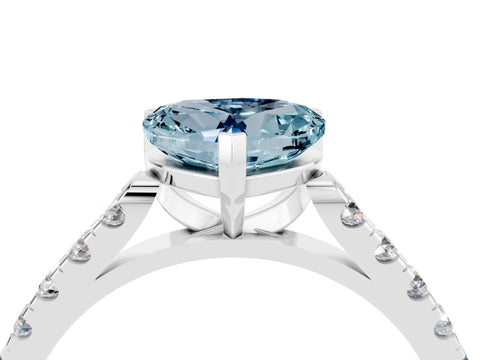 White gold {shape_name} Aquamarine Solitaire Ring with Pavé Band and Four-Prong Setting_16