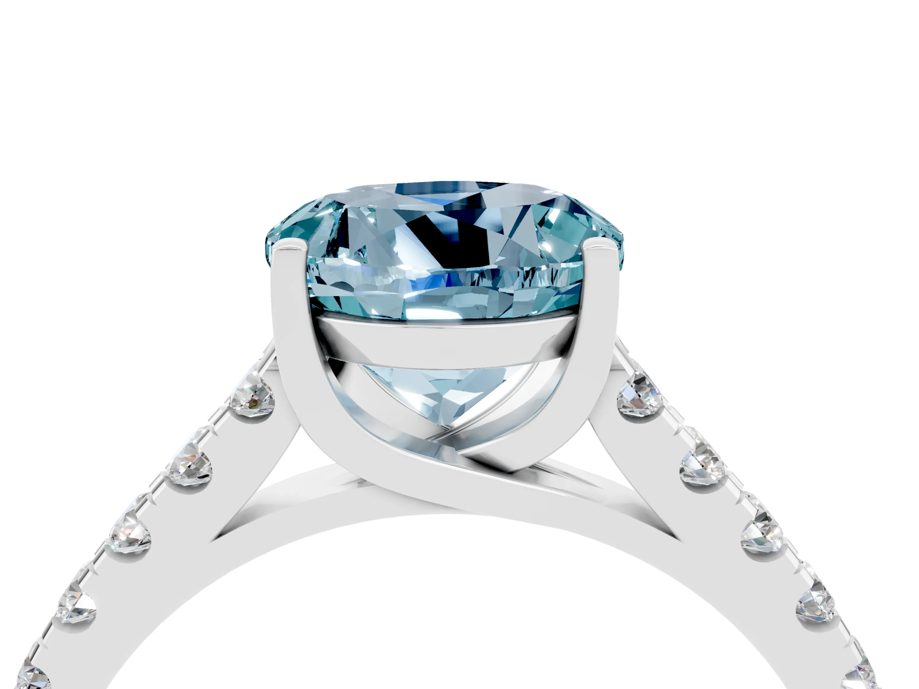 White gold {shape_name} Aquamarine Solitaire Ring with Pavé Band and Four-Prong Setting_16