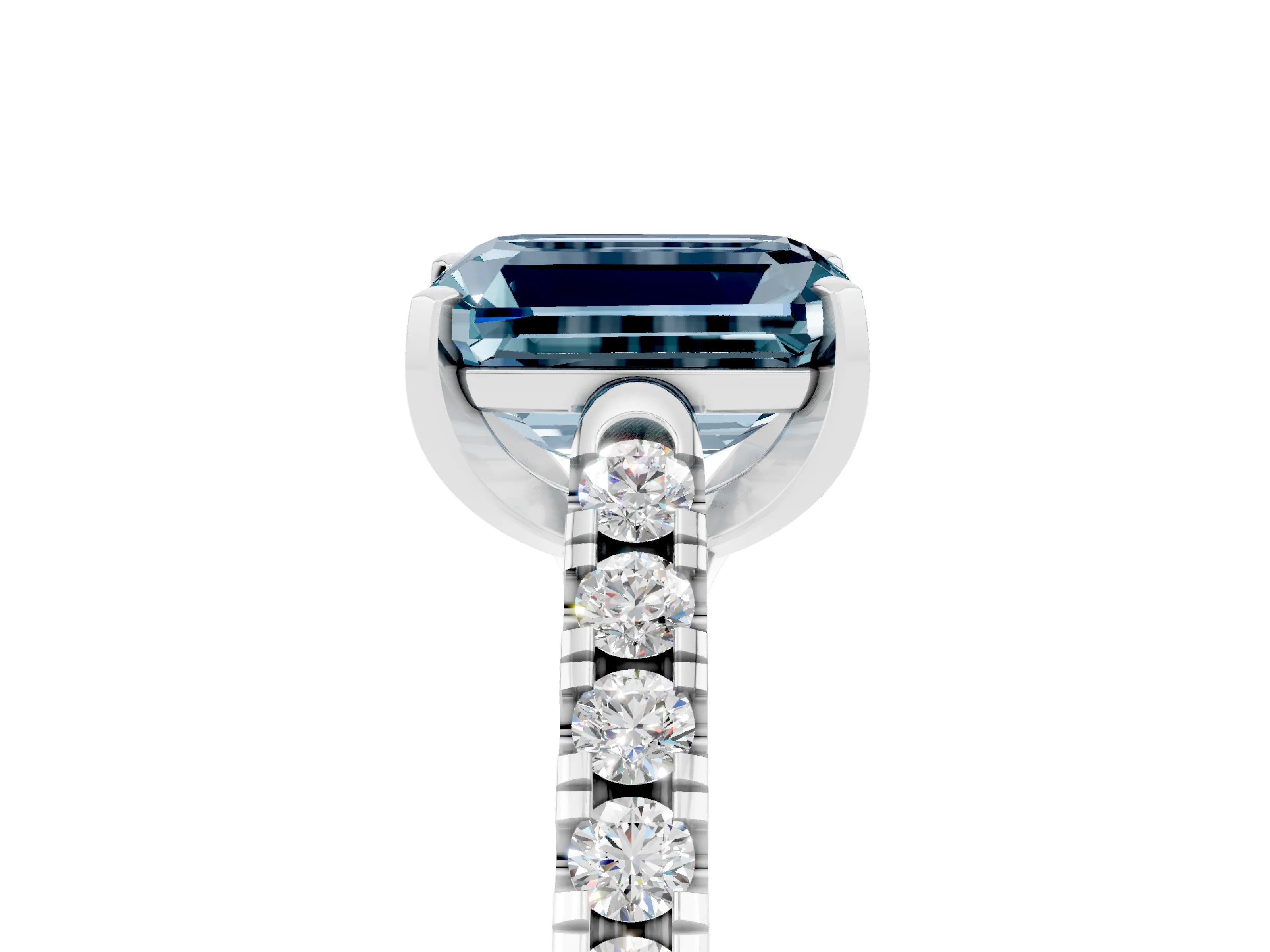 White gold {shape_name} Aquamarine Solitaire Ring with Pavé Band and Four-Prong Setting_17