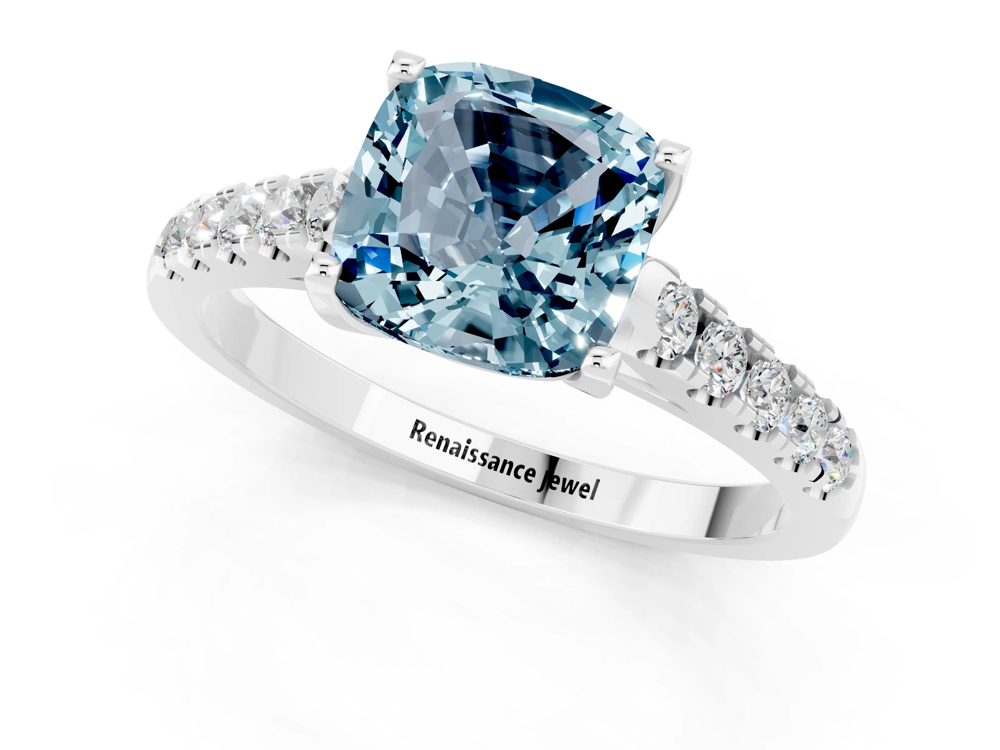 White gold {shape_name} Aquamarine Solitaire Ring with Pavé Band and Four-Prong Setting_1