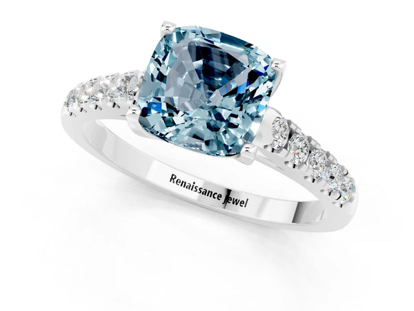 Platinum Cushion Cut Aquamarine Pavé Band Solitaire Ring with Prong Setting